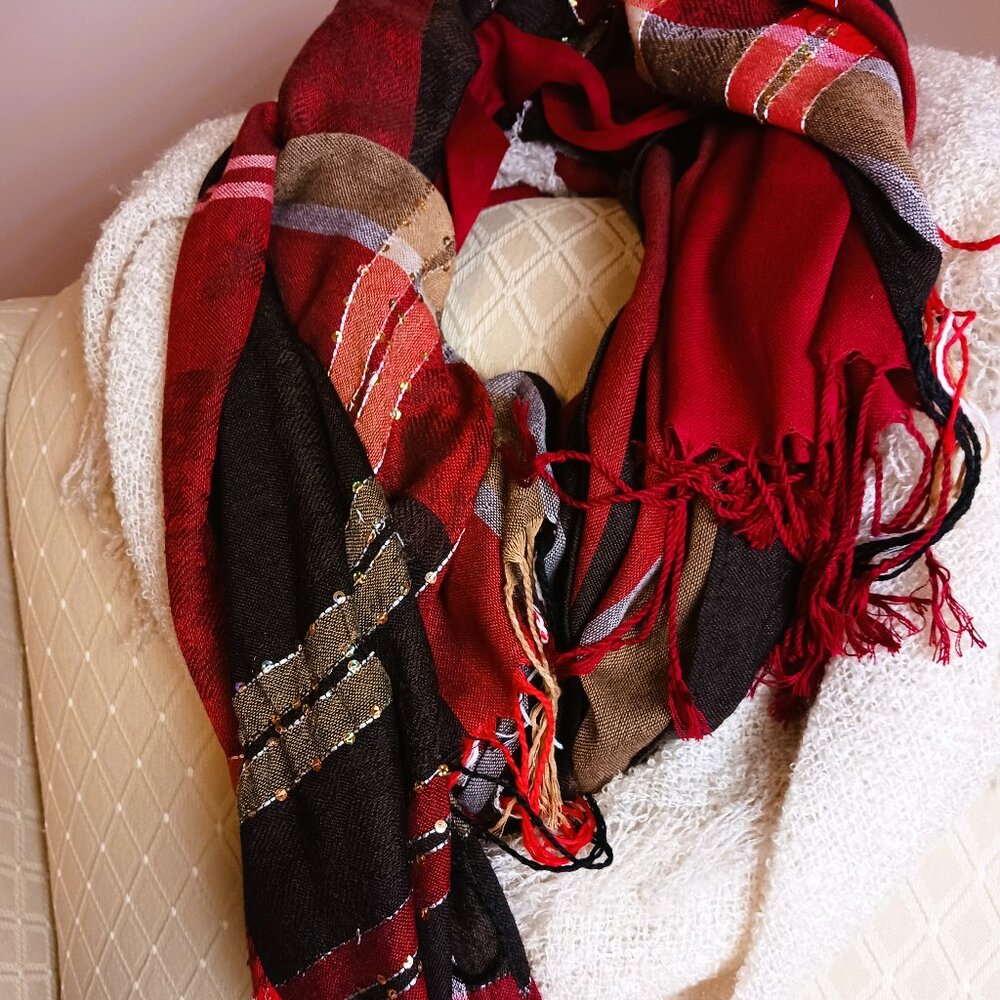 3 scarf set FALL COLOURS various textures warm cozy wraps reds oranges golds EUC